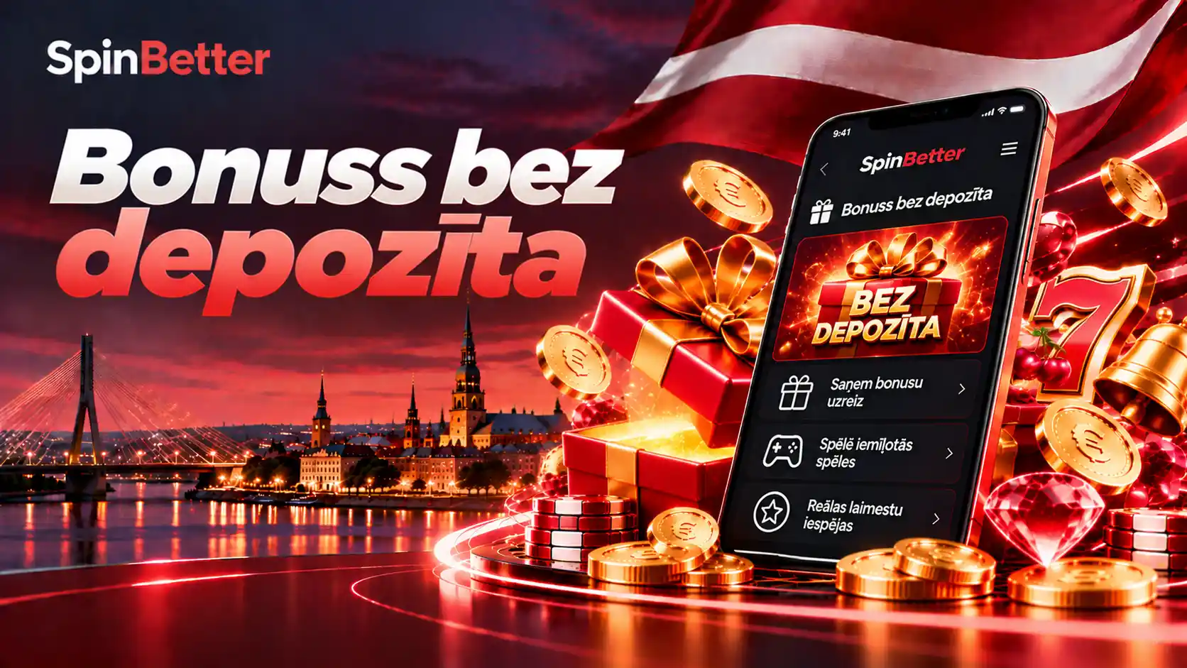 Baneris Bonuss bez depozīta ar dāvanu kasti, eiro monētām un telefonu ar bonusu sarakstu