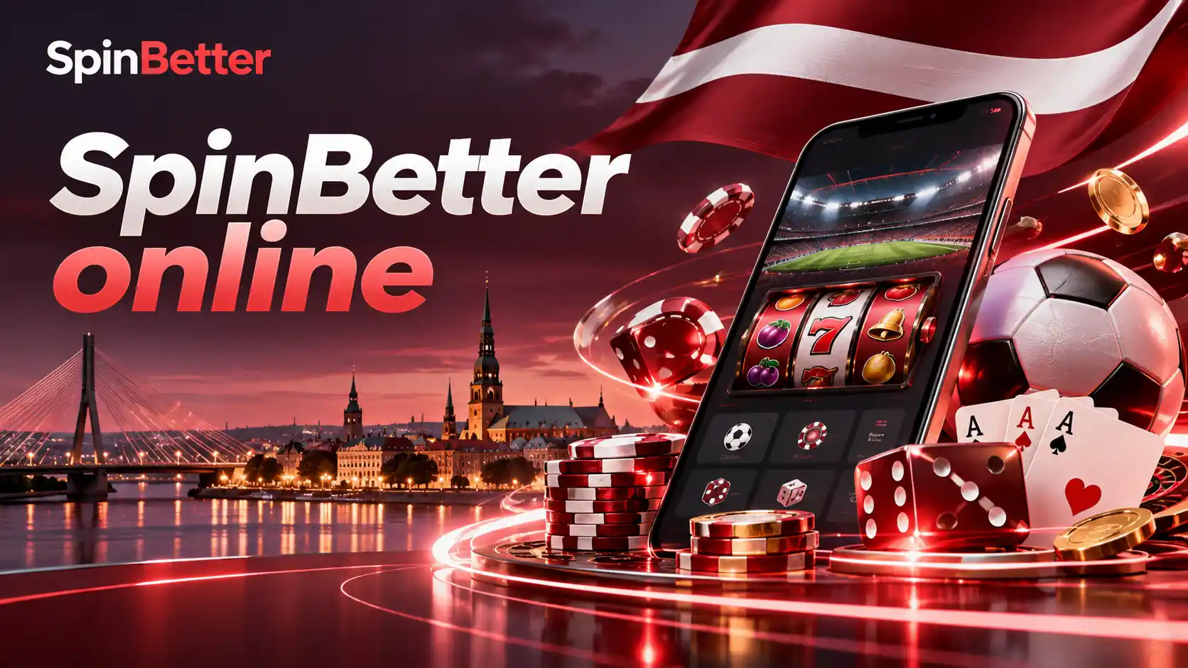 SpinBetter online baneris ar telefonu, žetoniem un Rīgas vakara panorāmu