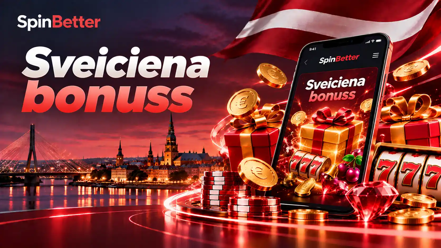 Sveiciena bonusa baneris ar dāvanu kastēm, eiro monētām un slota ruļļiem