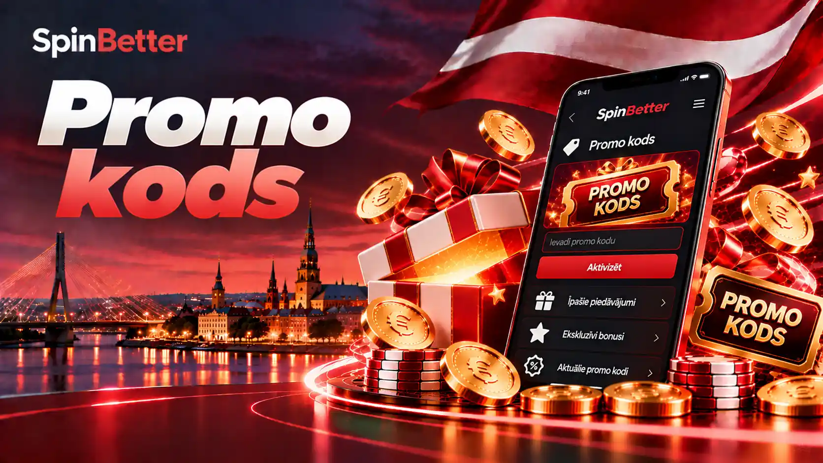 Promo koda baneris ar telefonu, kurā redzams koda ievades lauks un poga Aktivizēt